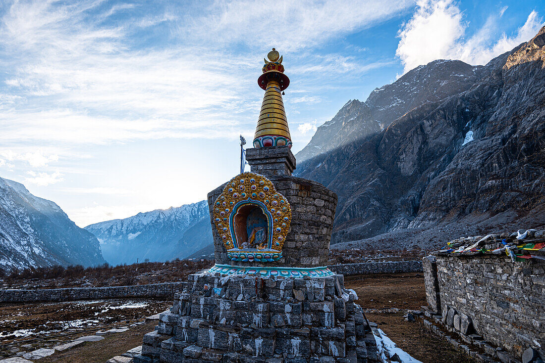 Enlightenment Stupa in a high Himalayan valley of Lang Tang Trek, Himalayas, Nepal, Asia