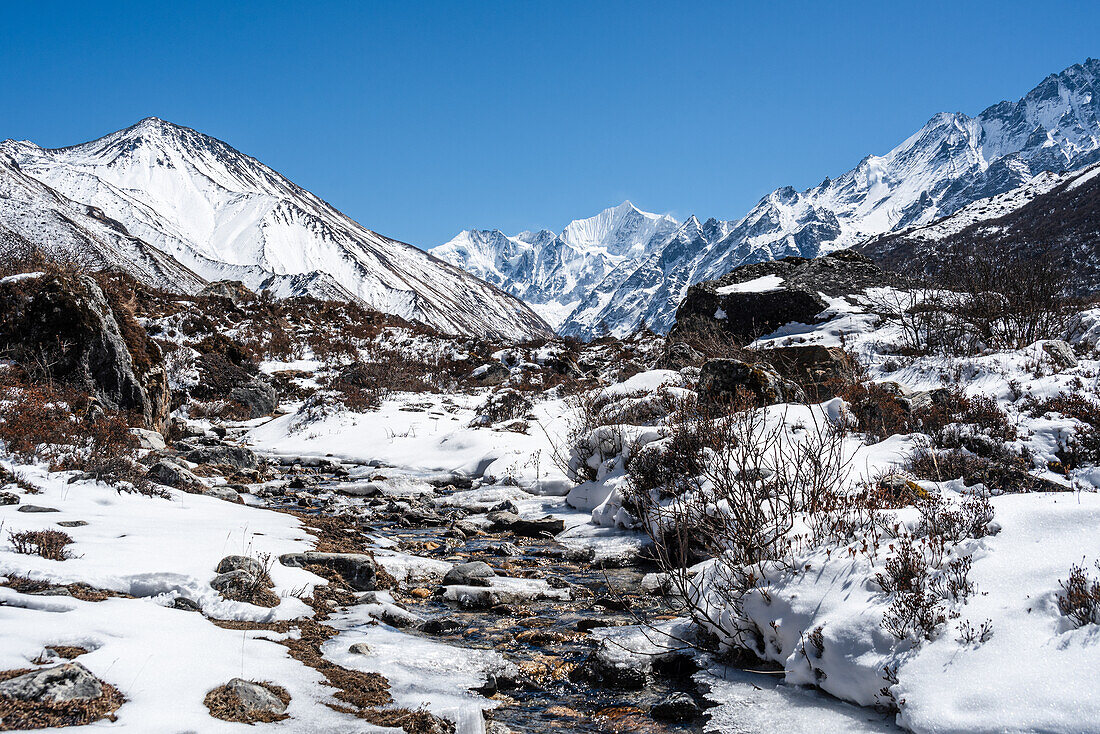 Eisiger Fluss, der entlang des Lang Tang Tals in Richtung des schnee- und eisbedeckten Gangchempo und der Kyanjin Gompa führt, Himalaya, Nepal, Asien