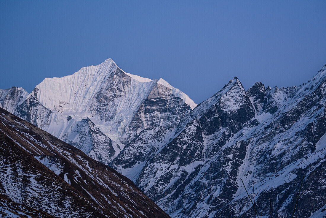 Snowy summit of Gangchempo, Lang Tang Valley Trek, Himalayas, Nepal, Asia