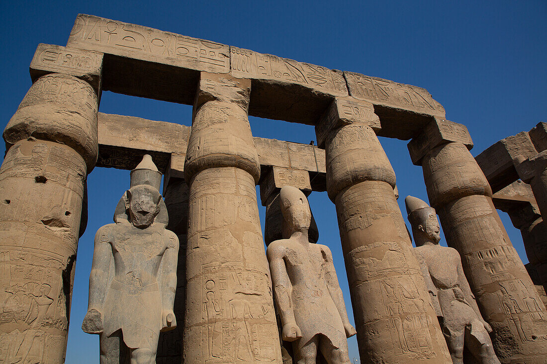 Papyrus Columns and Statues, Courtyard of Rameses II, Luxor Temple, UNESCO World Heritage Site, Luxor, Egypt, North Africa, Africa