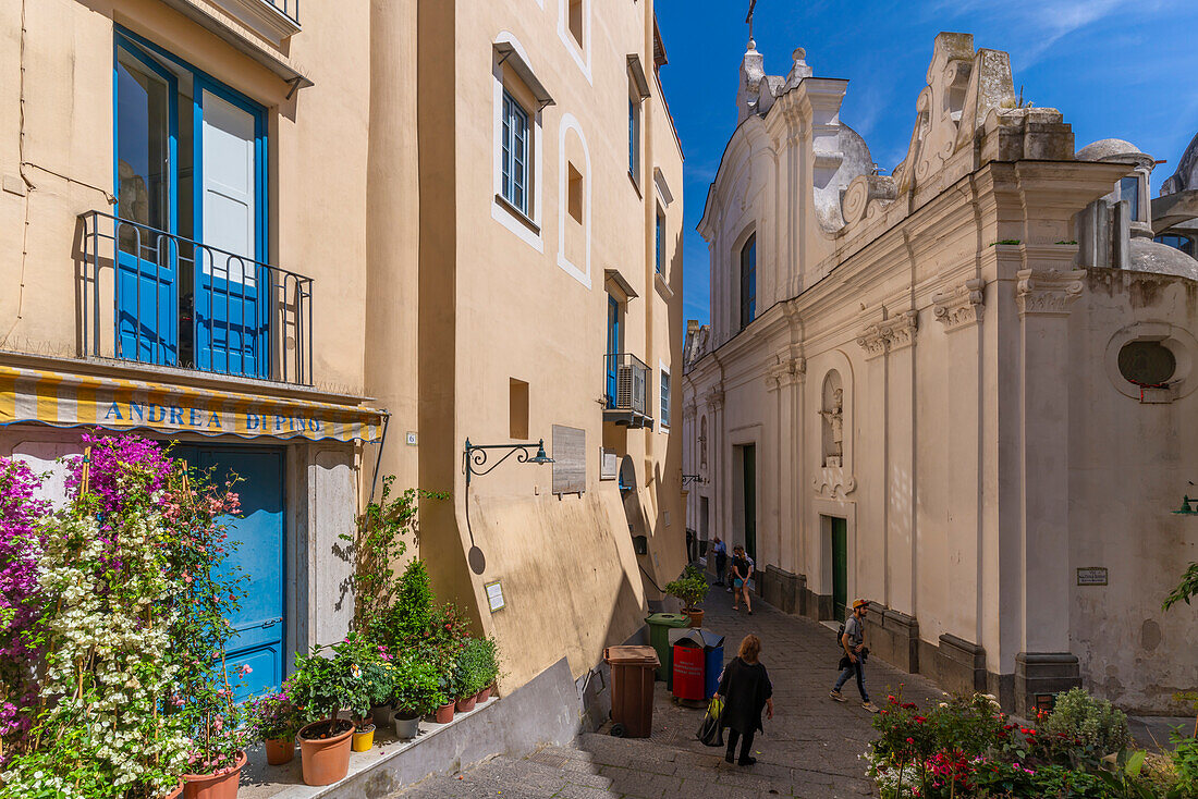 Blick auf die Parrocchia S. Stefano und die Blumenausstellung, Capri-Stadt, Insel Capri, Kampanien, Italien, Mittelmeer, Europa