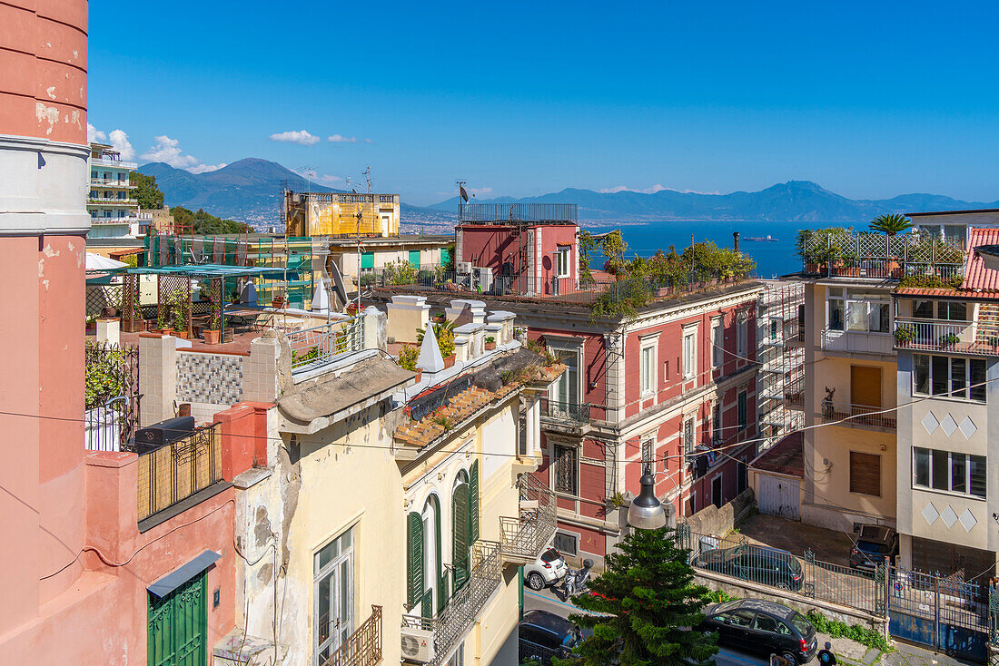 Elevated view of Naples and Amalfi Coast in background, Naples, Campania, Italy, Europe