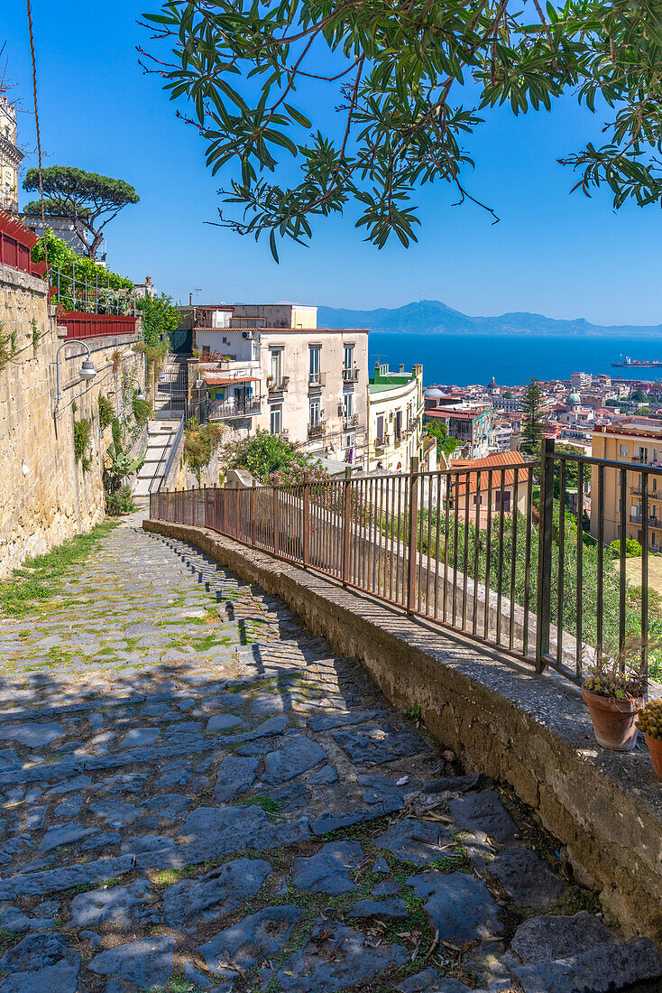 Elevated view of Naples and Amalfi Coast in background, Naples, Campania, Italy, Europe