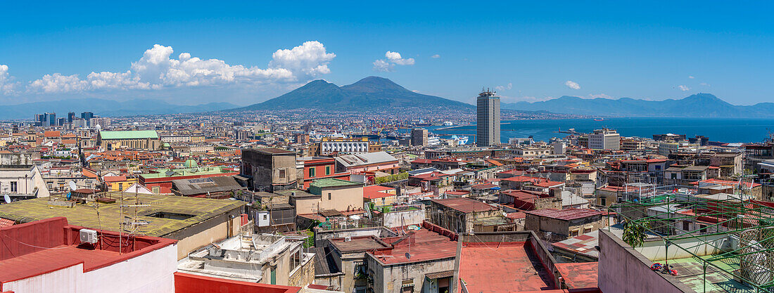 Elevated view of Naples and Mount Vesuvius in the background, Naples, Campania, Italy, Europe