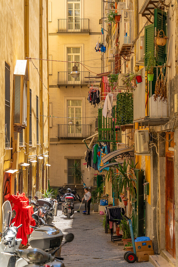 View of buildings on bustling Via San Gregorio Armeno, Naples, Campania, Italy, Europe