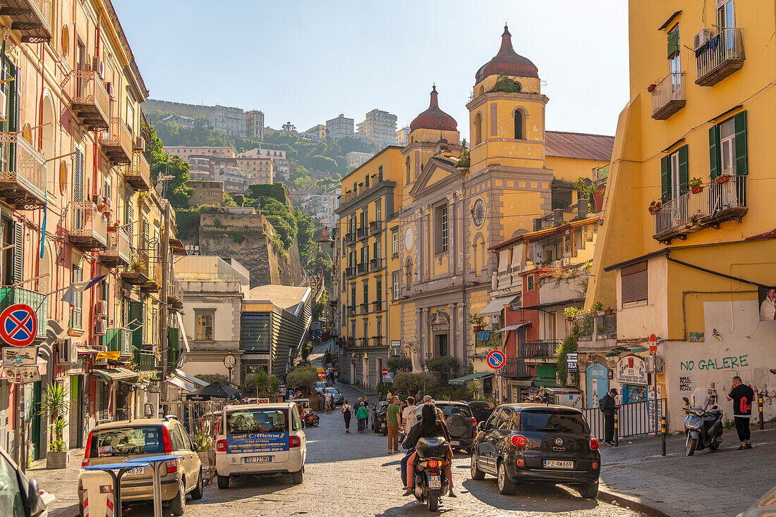 View of Castel Sant'Elmo and architecture on Via Montesanto, Naples, Campania, Italy, Europe