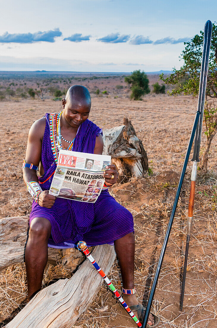 Maasai im Busch beim Zeitungslesen, Mwatate, Lualenyi Ranch, Kenia, Ostafrika, Afrika