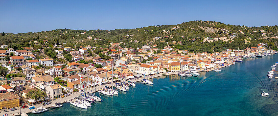 Aerial view of Gaios, the main port and harbour on the island of Paxos, Paxos, Ionian Islands, Greek Islands, Greece, Europe