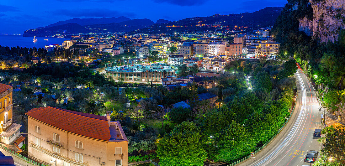 Elevated view of Sorrento at dusk, Sorrento, Campania, Italy, Mediterranean, Europe