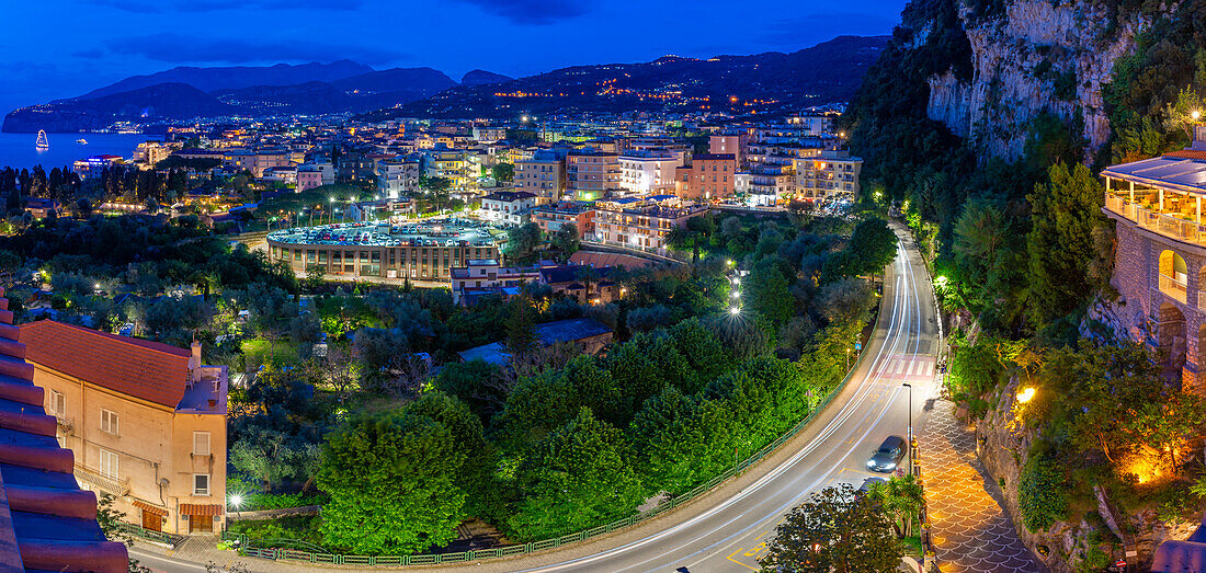 Elevated view of Sorrento at dusk, Sorrento, Campania, Italy, Mediterranean, Europe