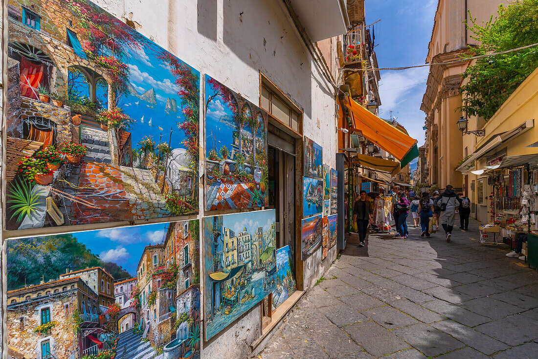 View of Sorrento souvenirs in narrow street, Sorrento, Campania, Italy, Mediterranean, Europe