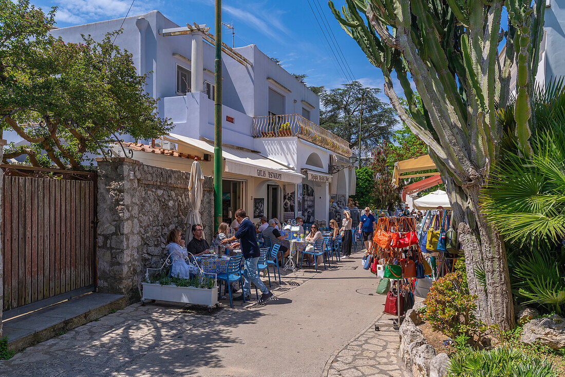 Blick auf Geschäft, Restaurant und Café Via Giuseppe Orlandi, Anacapri, Insel Capri, Kampanien, Italien, Mittelmeer, Europa