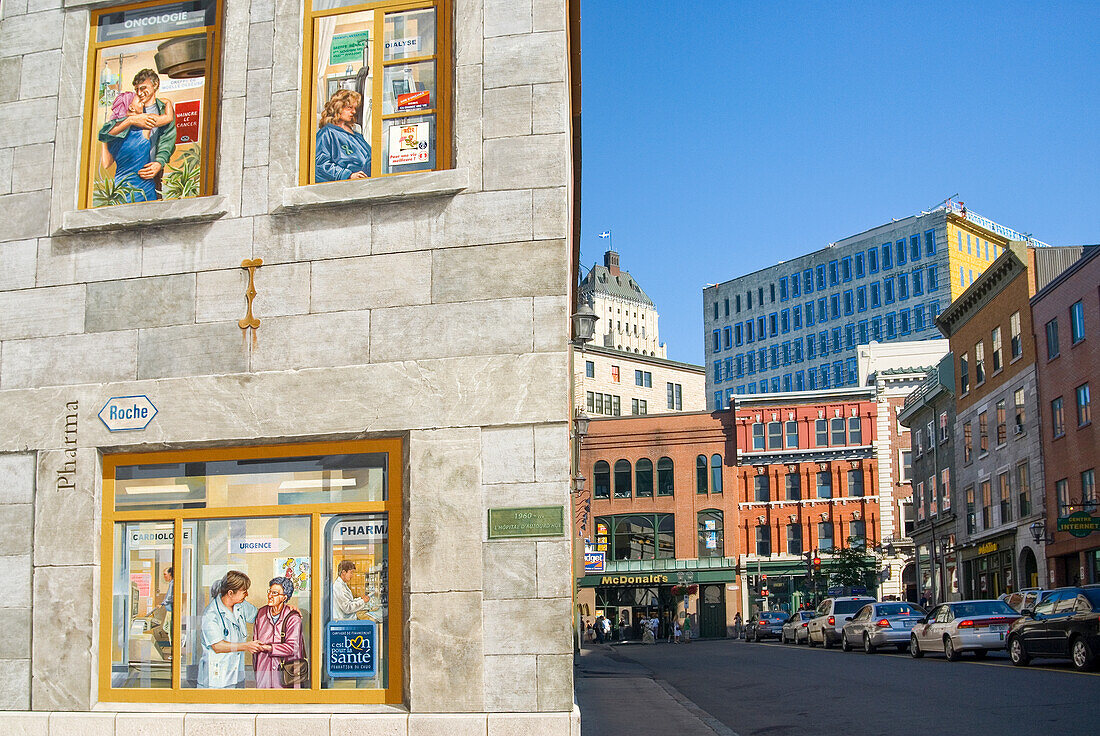 Mural painting in trompe-l'oeil style, Upper-Town of Quebec City, Quebec province, Canada, North America