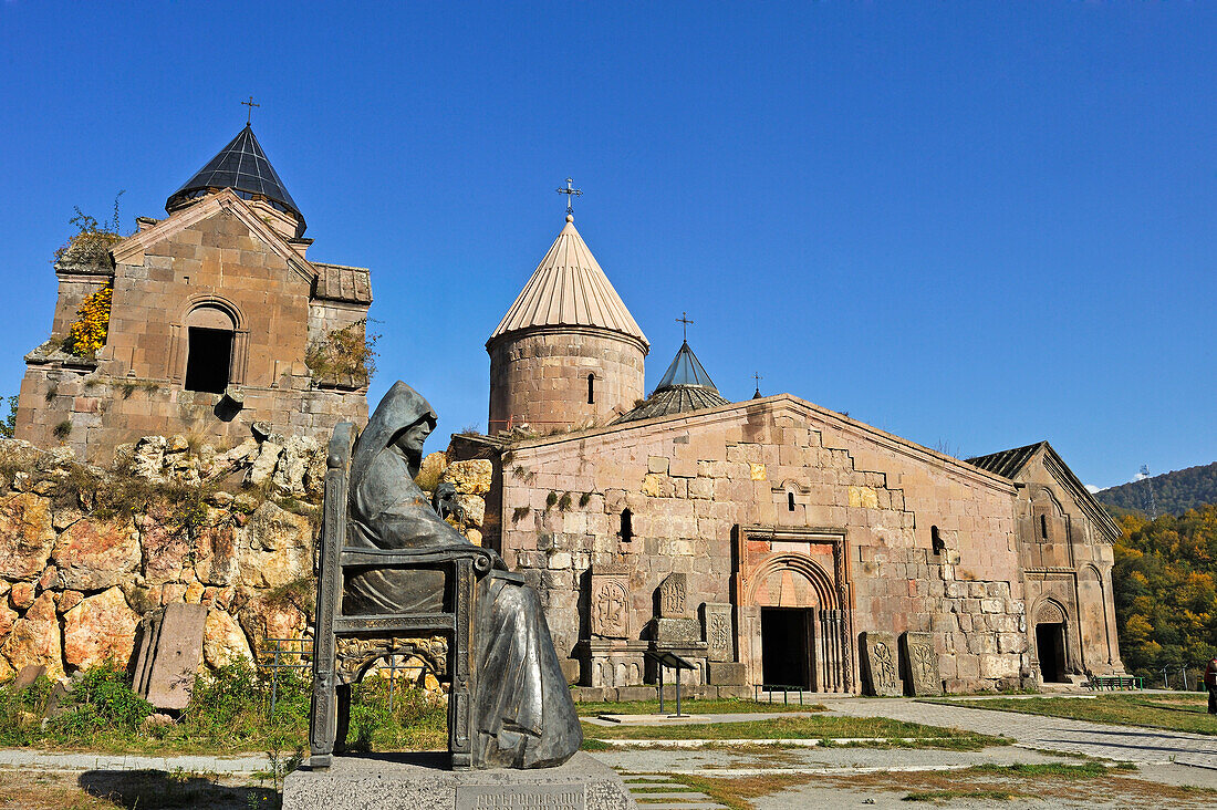 Statue of Mkhitar Gosh, 1130-1213, writer, thinker, priest, founder of Goshavank Monastery, Gosh village, Dilijan National Park, Tavush region, Armenia, Eurasia