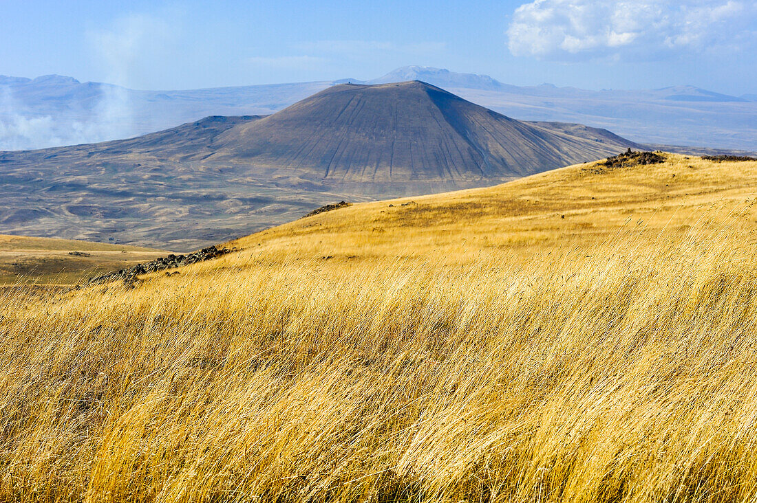 Armaghan volcano in the background, Argitchi plateau, Gegharkunik region, Armenia, Eurasia