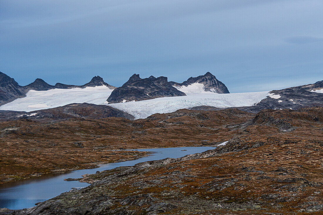 Glacial mountains with melt water lakes, Sognefjellet Mountain Pass, Jotunheimen National Park, Norway, Scandinavia, Europe