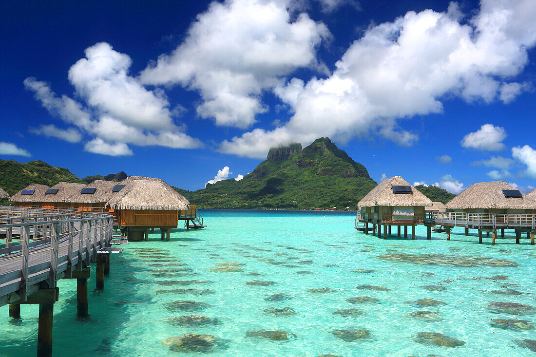 Le Bora Bora by Pearl Resort and Mount Otemanu, Moto Tevairoa island, Bora Bora, French Polynesia, South Pacific, Pacific