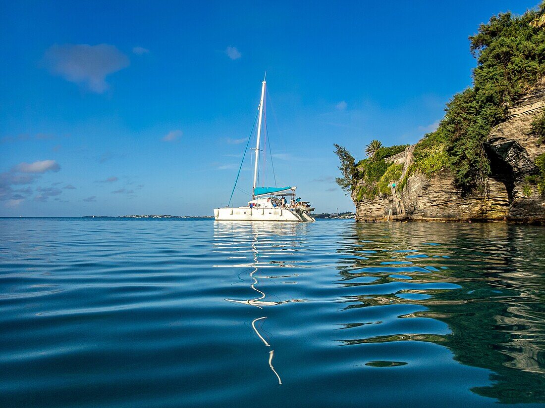 Catamaran moored at Admiralty House Park, North Shore, Bermuda, Atlantic, North America