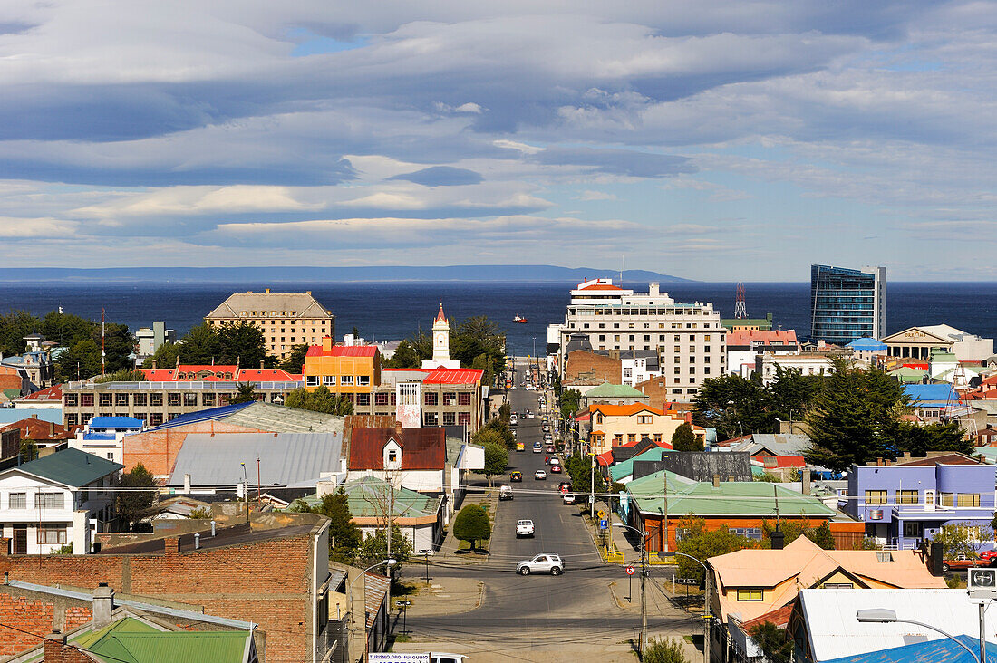 Übersicht über Punta Arenas, Magellanstraße, Halbinsel von Braunschweig, Chile, Südamerika