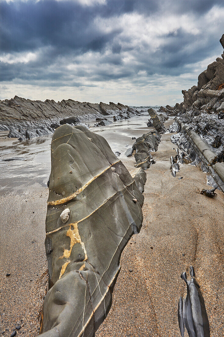 A rocky shore at low tide and under grey skies; at Welcombe Mouth, Hartland, north Devon, England, United Kingdom, Europe