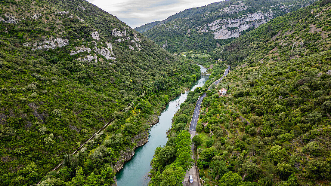 Aerial of the Herault gorge, UNESCO World Heritage Site, Causses and Cevennes, Herault, Occitanie, France, Europe