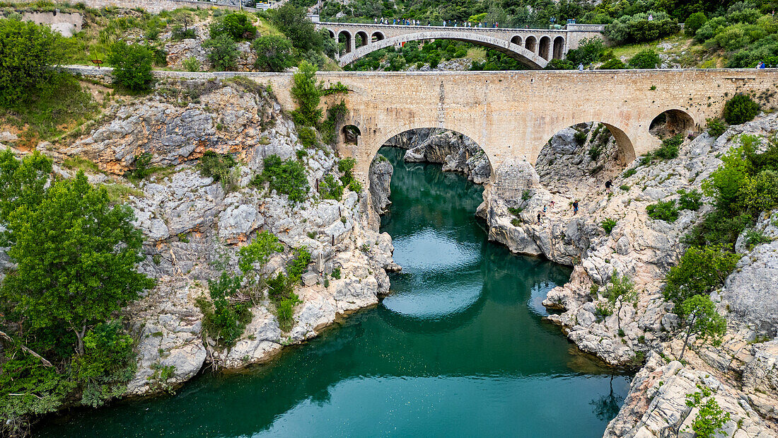 Aerial of the Pont du Diable (Saint-Jean-de-Fos), UNESCO World Heritage Site, Causses and Cevennes, Herault, Occitanie, France, Europe