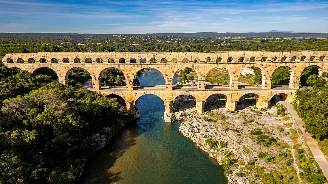 Der Pont du Gard, ein römischer Aquädukt, UNESCO-Welterbe, Vers-Pont-du-Guard, Okzitanien, Frankreich, Europa