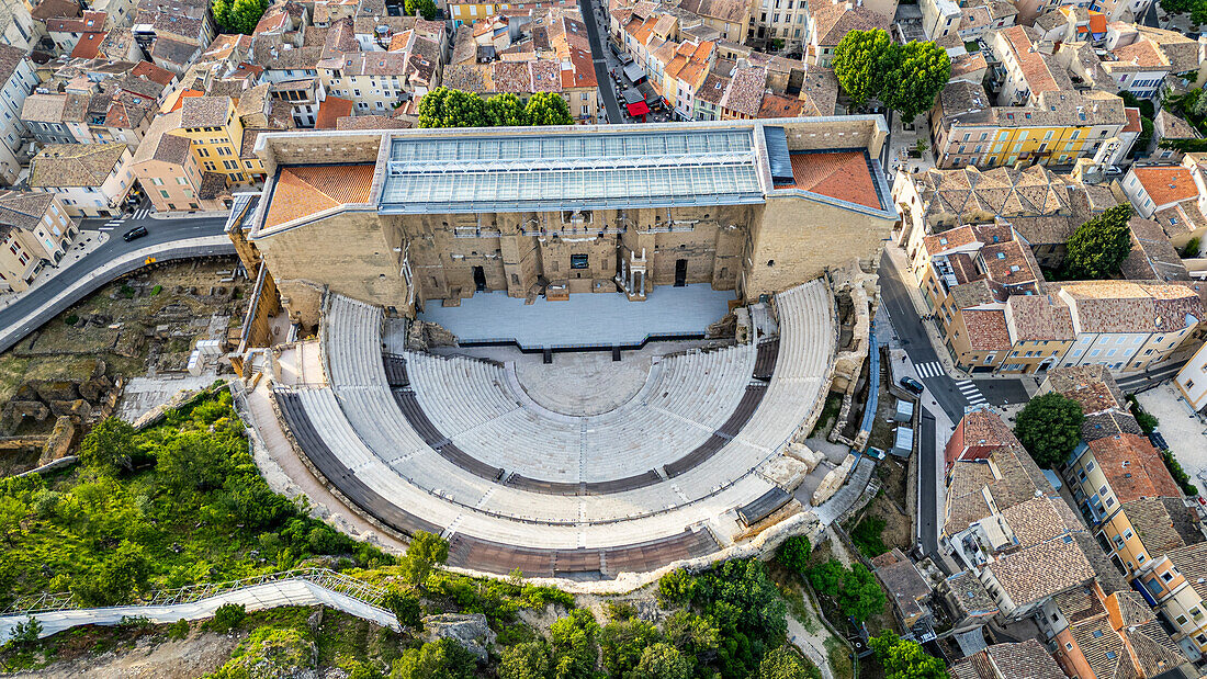 Aerial of the Roman Amphitheatre, UNESCO World Heritage Site, Orange, Vaucluse, Provence-Alpes-Cote d'Azur, France, Europe