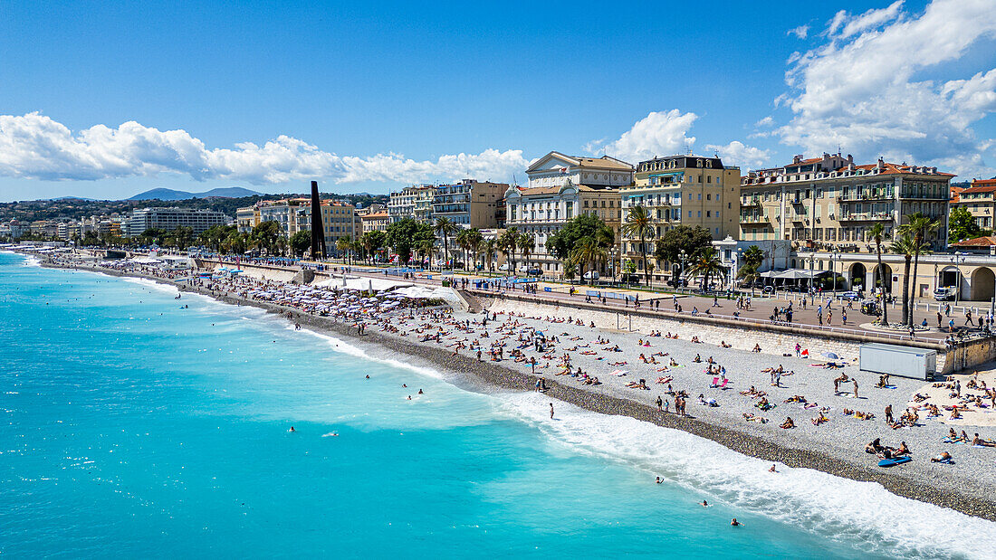 Aerial of the beachfront and the historic city, Nice, UNESCO World Heritage Site, Alpes Maritimes, French Riviera, France, Europe