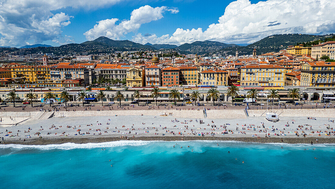 Aerial of the beachfront and the historic city, Nice, UNESCO World Heritage Site, Alpes Maritimes, French Riviera, France, Europe