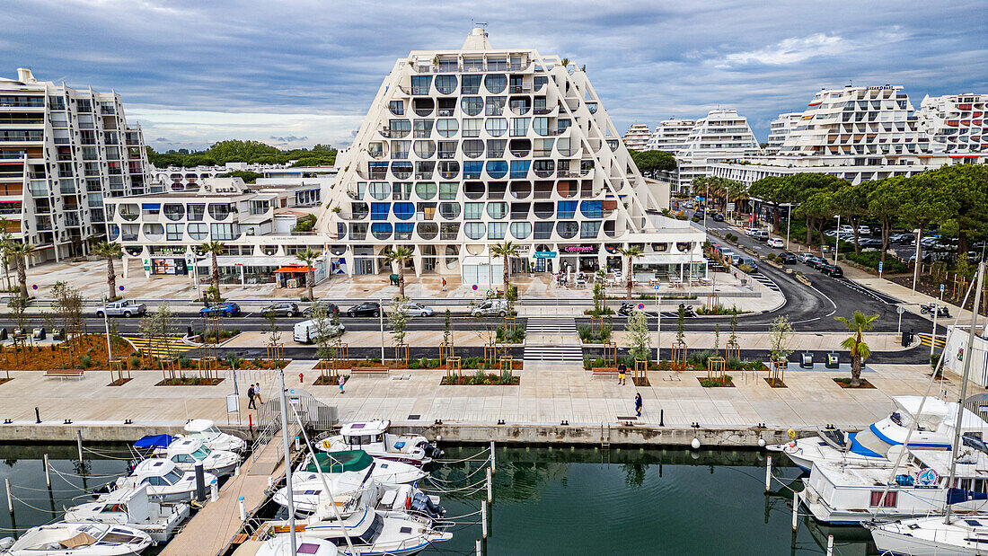 Futuristic seaside town of La Grande Motte, Herault, Occitania, France, Europe