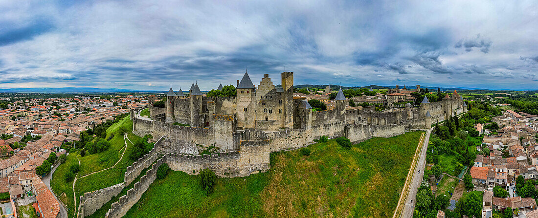 Aerial of the Cite de Carcassonne citadel, UNESCO World Heritage Site, Carcassonne, Aude, Occitania, France, Europe