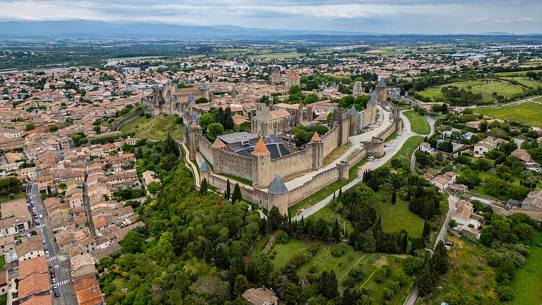 Aerial of the Cite de Carcassonne citadel, UNESCO World Heritage Site, Carcassonne, Aude, Occitania, France, Europe