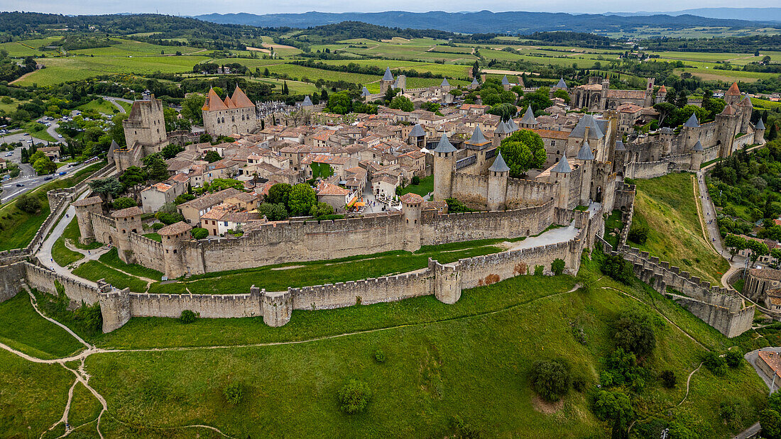 Aerial of the Cite de Carcassonne citadel, UNESCO World Heritage Site, Carcassonne, Aude, Occitania, France, Europe