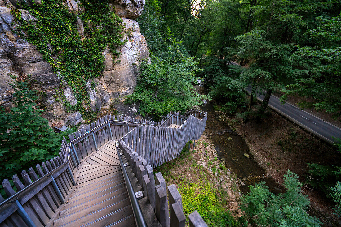 Wooden staircase in Mullerthal hiking trail in the forest, Echternach, Luxembourg, Europe