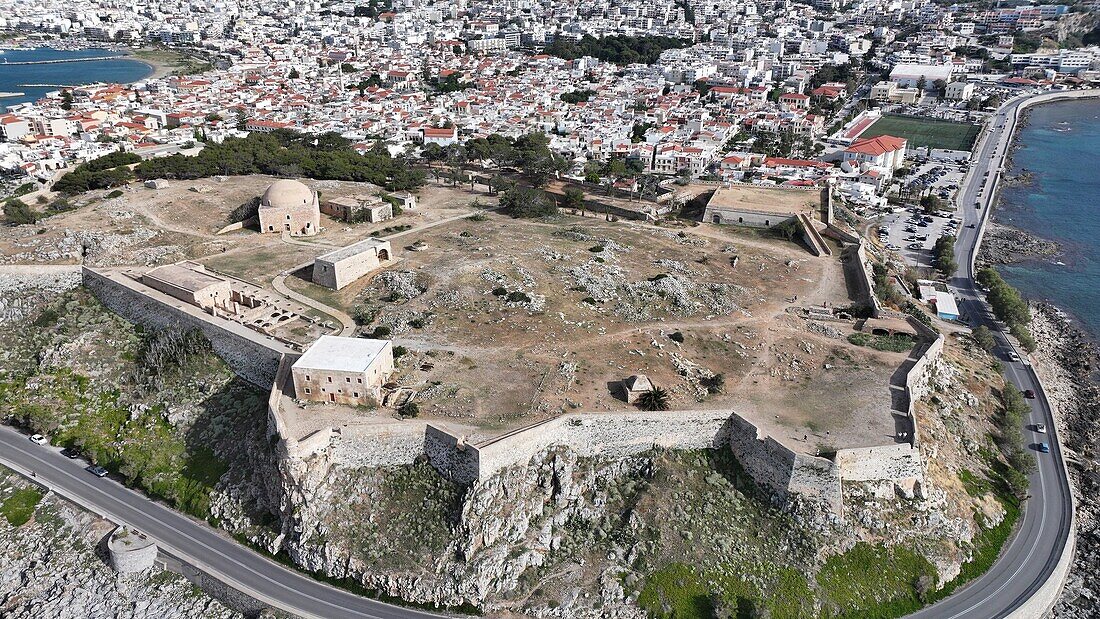 Luftaufnahme der venezianischen Burg Fortezza, Rethymno, Kreta, Griechische Inseln, Griechenland, Europa