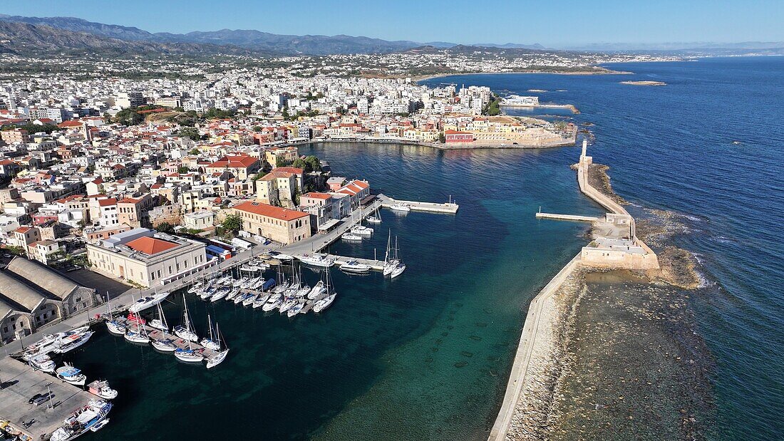 Aerial view of the Venetian port of Chania, Crete, Greek Islands, Greece, Europe