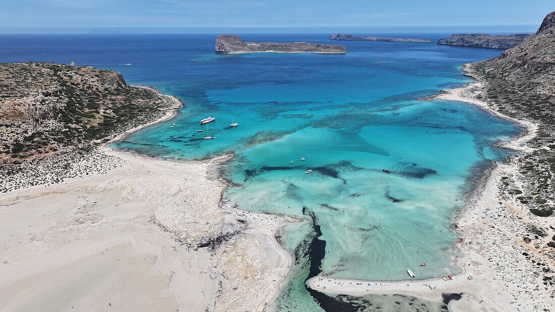 Aerial view of Balos Lagoon, Balos Beach and Cape Tigani, Gramvousa Peninsula, Chania Region, Crete, Greek Islands, Greece, Europe