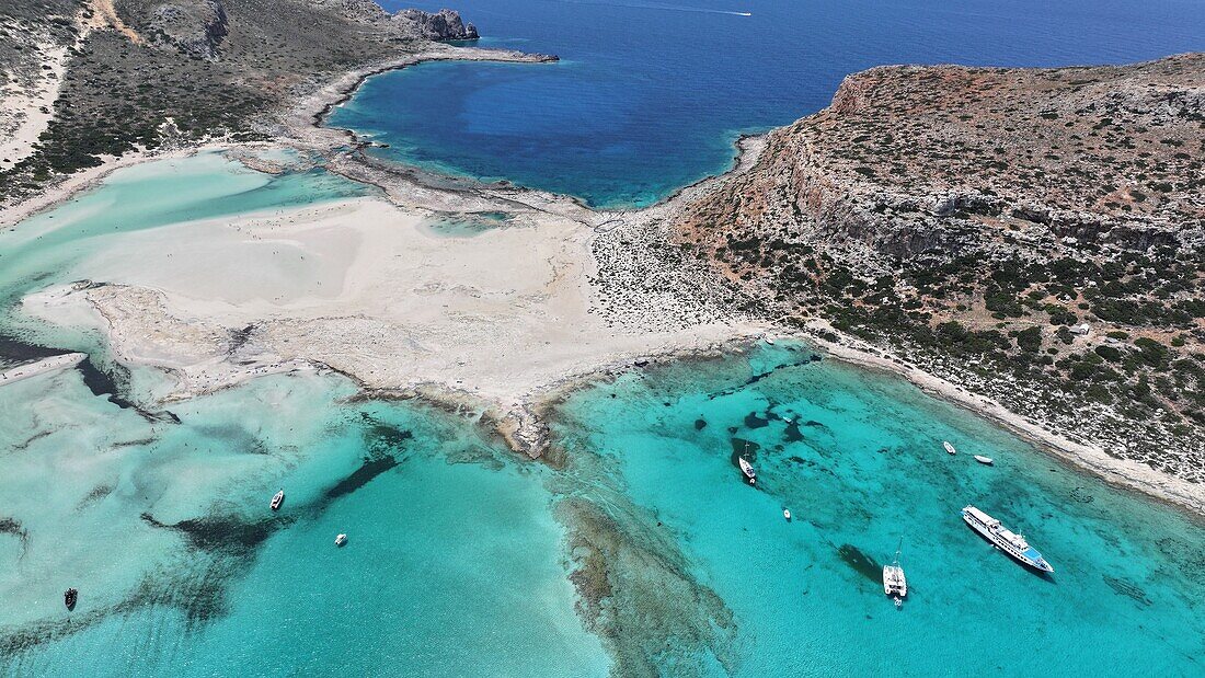 Aerial view of Balos Lagoon, Balos Beach and Cape Tigani, Gramvousa Peninsula, Chania Region, Crete, Greek Islands, Greece, Europe