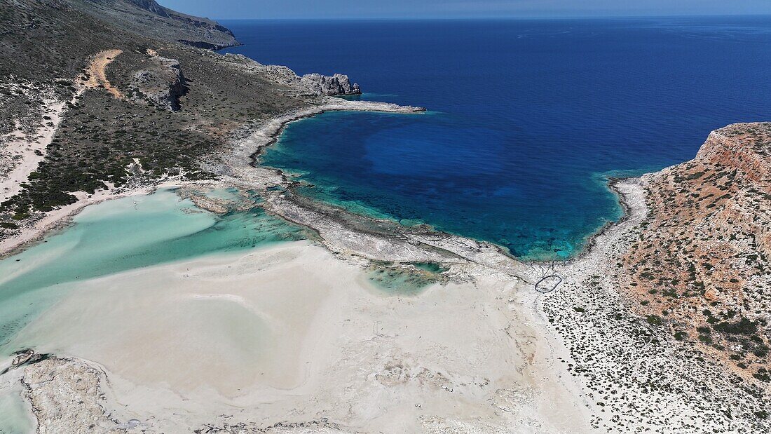 Aerial view of Balos Lagoon, Balos Beach and Cape Tigani, Gramvousa Peninsula, Chania Region, Crete, Greek Islands, Greece, Europe