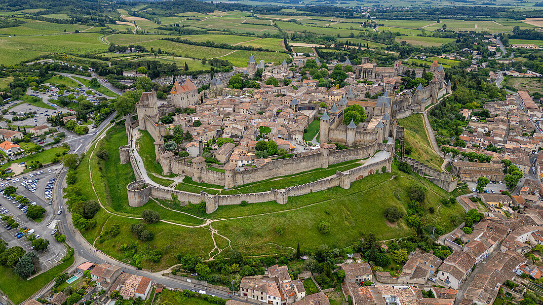 Aerial of the Cite de Carcassonne citadel, UNESCO World Heritage Site, Carcassonne, Aude, Occitania, France, Europe