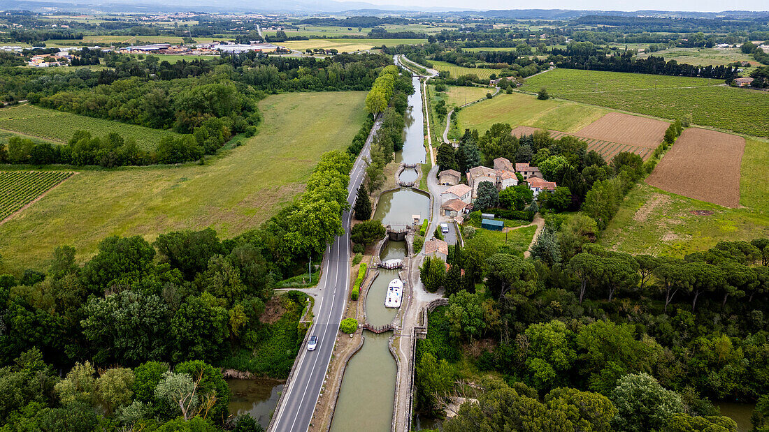 Aerial of the Canal du Midi near Carcassonne, UNESCO World Heritage Site, Aude, Occitania, France, Europe