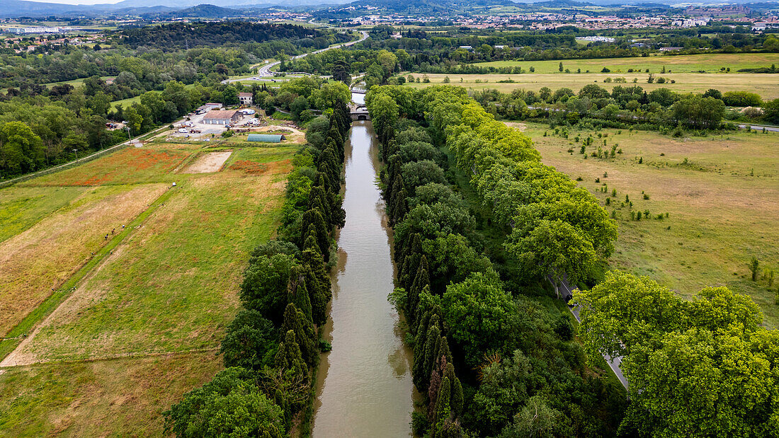 Aerial of the Canal du Midi near Carcassonne, UNESCO World Heritage Site, Aude, Occitania, France, Europe