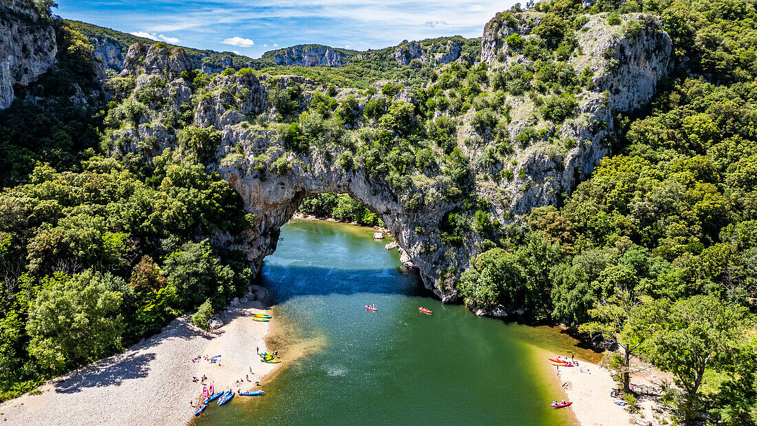 Aerial of the Pont d'Arc, Ardeche River gorge, Ardeche, Auvergne-Rhone-Alpes, France, Europe