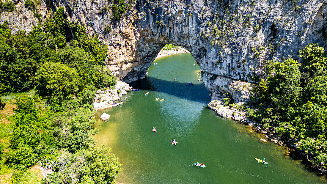 Aerial of the Pont d'Arc, Ardeche River gorge, Ardeche, Auvergne-Rhone-Alpes, France, Europe