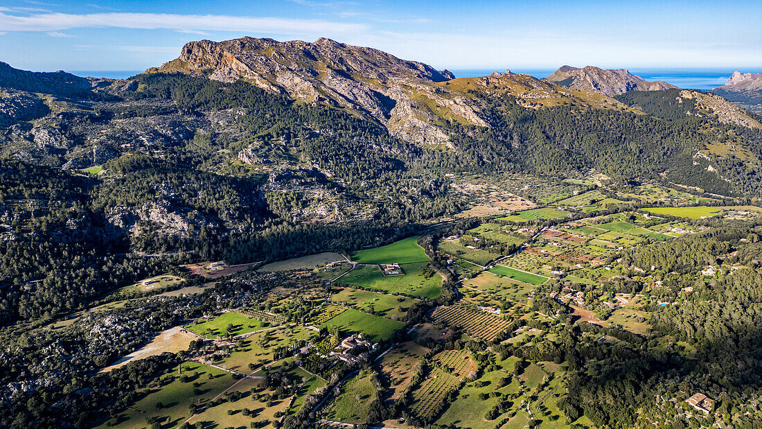 Luftaufnahme des schönen Tals hinter Pollenca, Mallorca, Balearen, Spanien, Mittelmeer, Europa