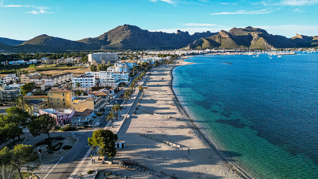 Aerial of Port de Pollenca, Mallorca, Balearic islands, Spain, Mediterranean, Europe