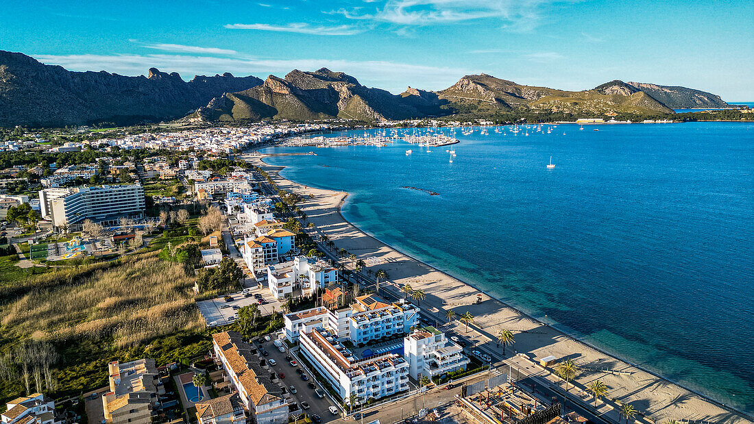 Aerial of Port de Pollenca, Mallorca, Balearic islands, Spain, Mediterranean, Europe