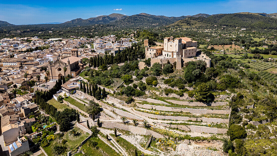 Aerial of Santuari de Sant Salvador, Arta, Mallorca, Balearic islands, Spain, Mediterranean, Europe