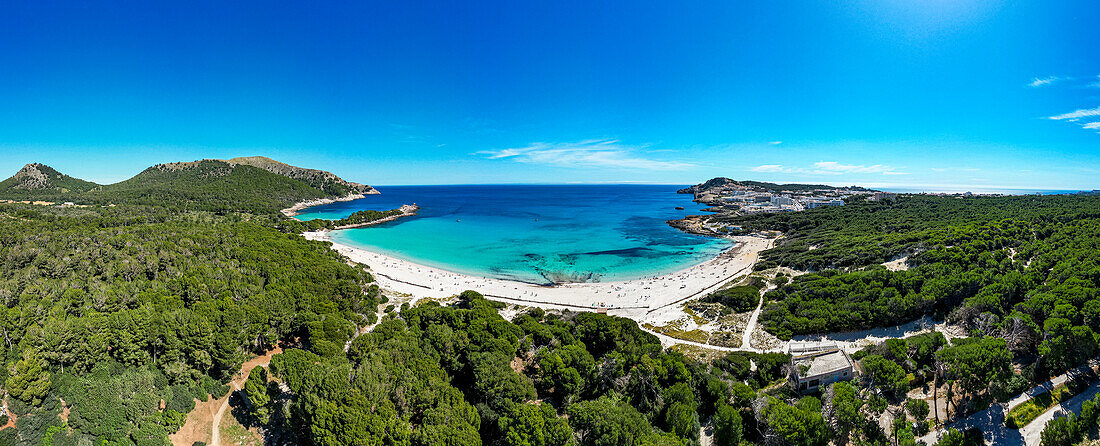 Aerial of Agulla beach, Mallorca, Balearic islands, Spain, Mediterranean, Europe